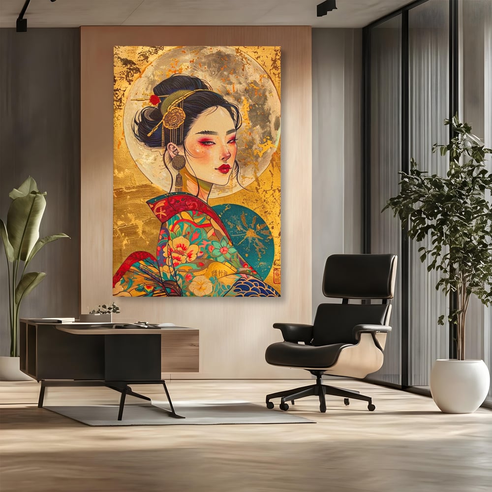 Tablou canvas cu tablou canvas cu portret de gheisa, fara rama, pe sasiu de lemn, pe perete intr-un birou
